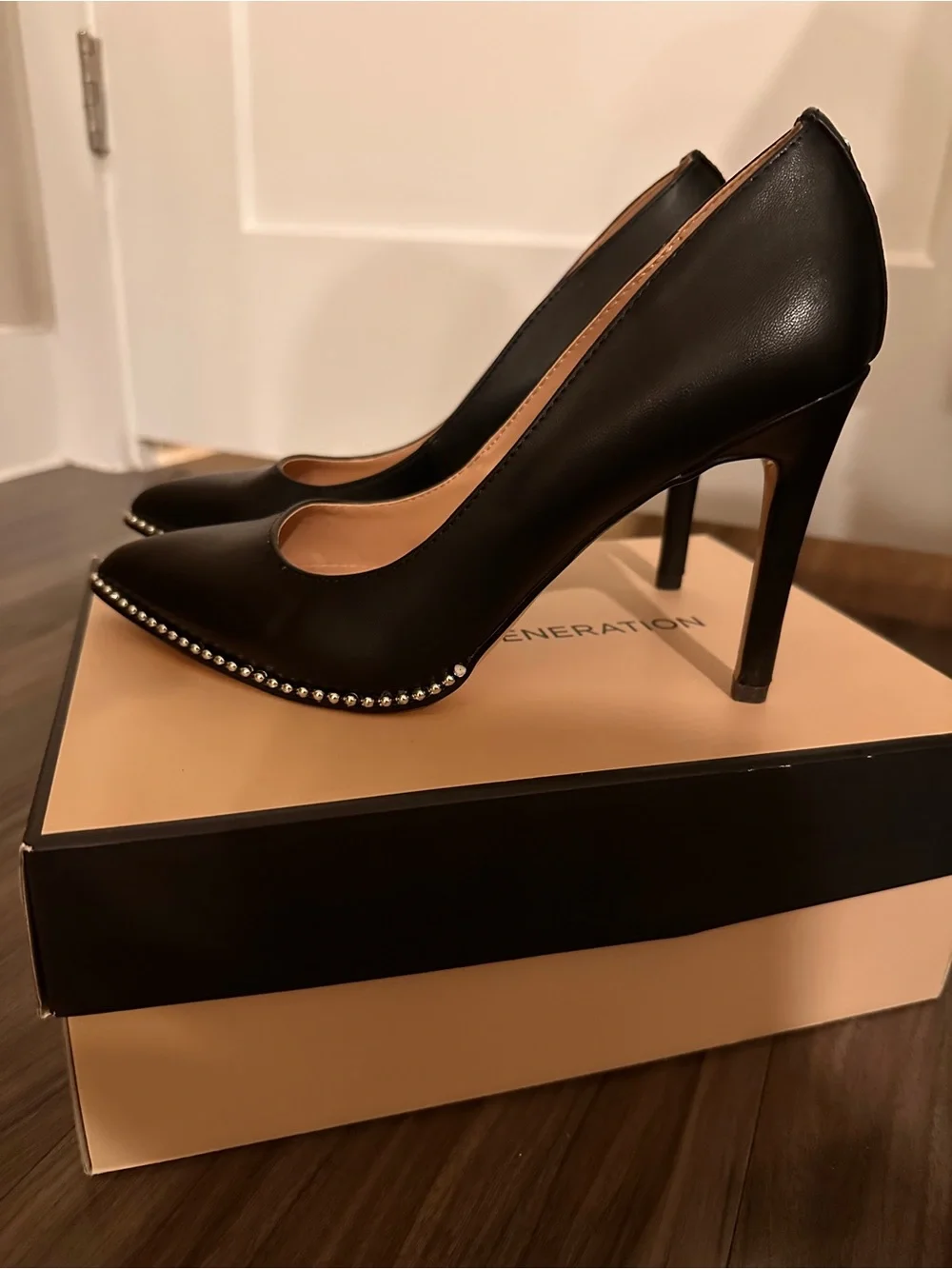 BCBGeneration Black Pointed Toe Stud-Trim Pumps